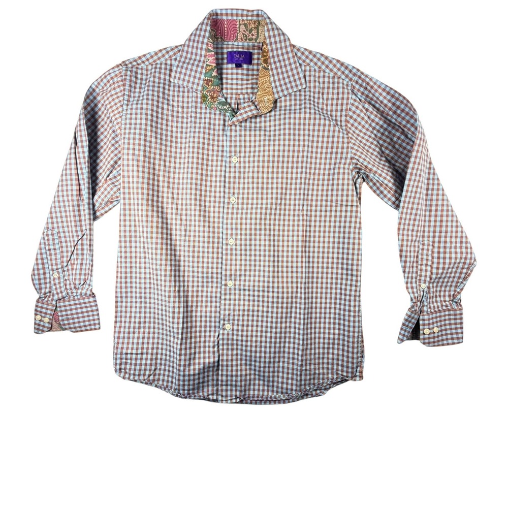 Tallia Button Down Shirt Mens L Blue Brown Gingham Excellent Paisley Trim Cotton